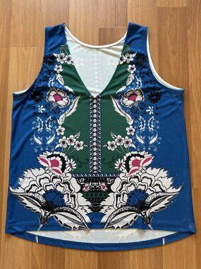 ASOS Cobalt Blue Baroque Floral Sleeveless Top V-Neck Hi-Low Hem Sz 12